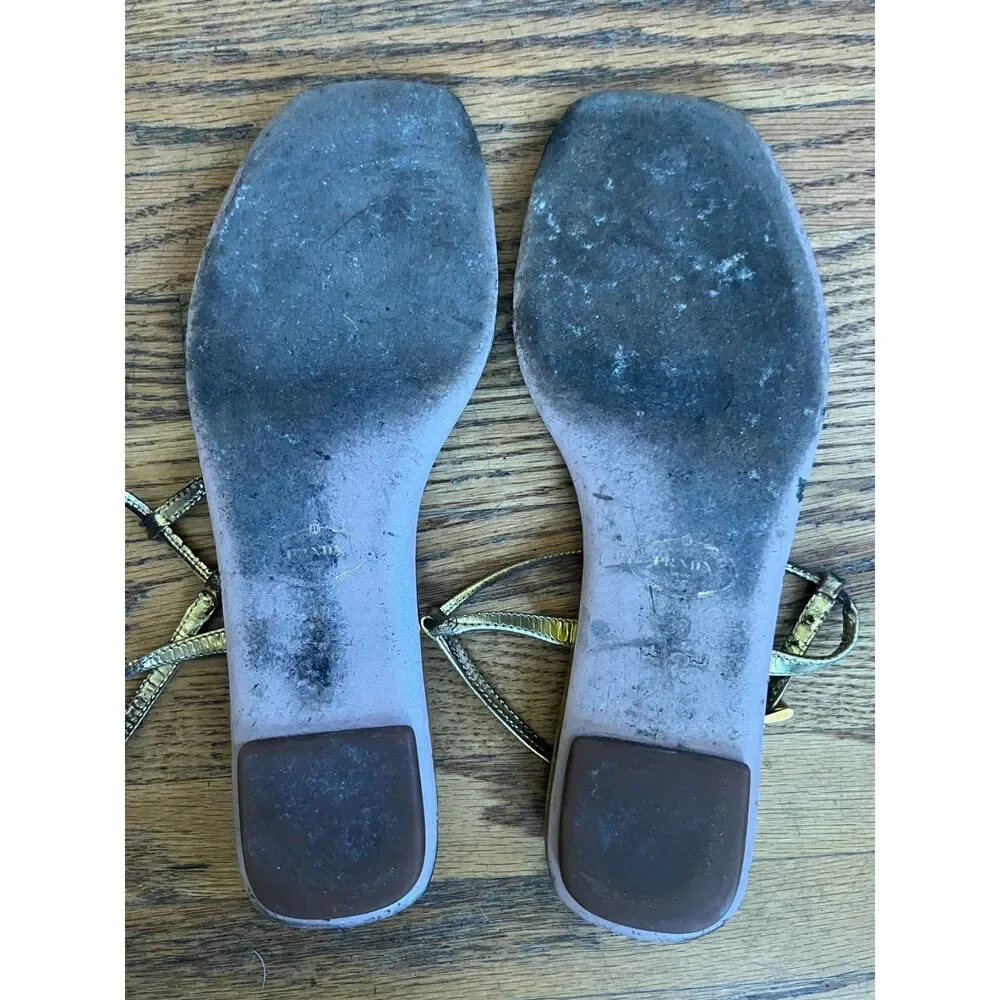 PRADA Milano Gold Strap Flat Sandals Shoes  Women's Size EU 38 US 7.5